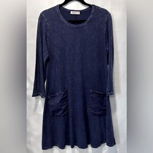 Jess & Jane Easy Wear Earthy Womens Blue Mineral Washed Patch Pocket Dress Sz M
